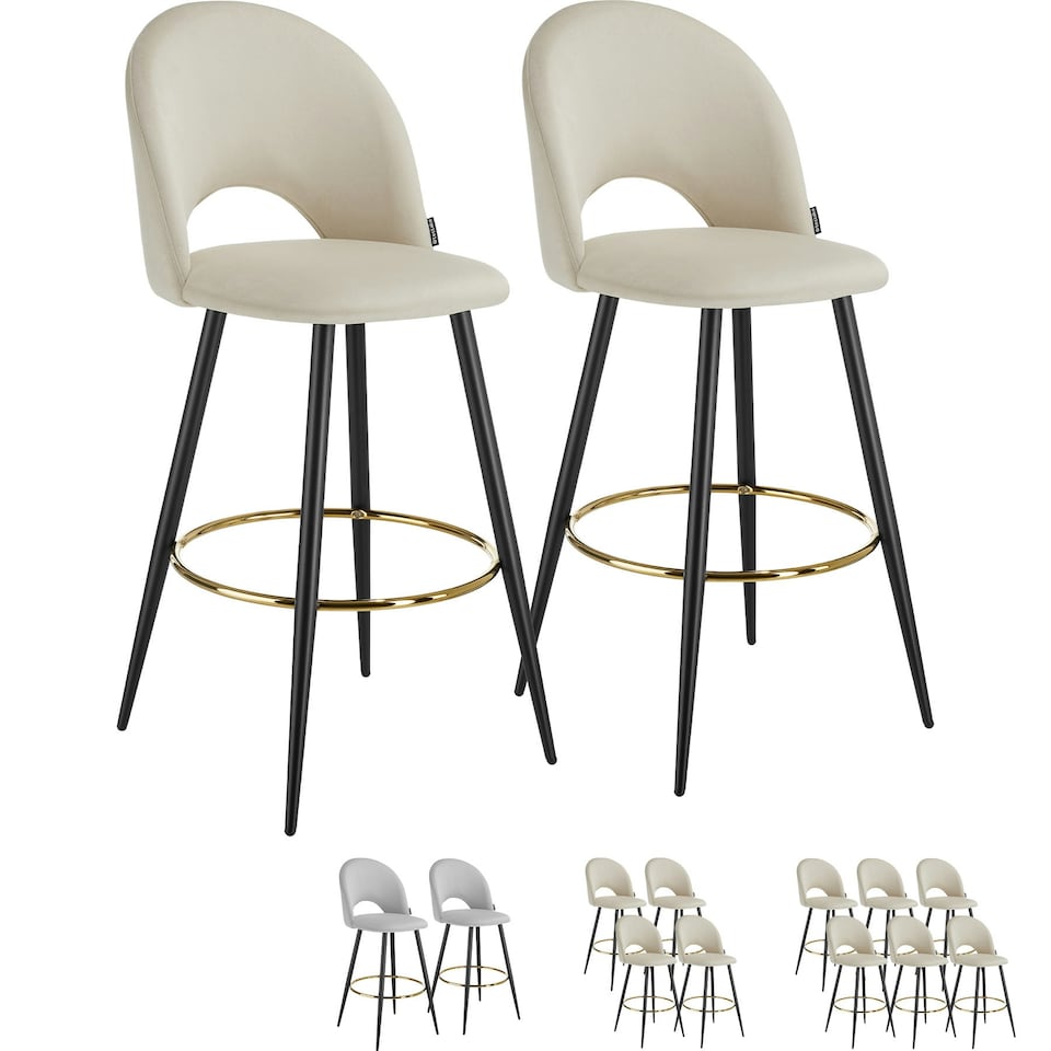 image 1 of Bar Stool Rachel with backrest and velvet look cover, 49 x 58 x 110 cm - Set of 2 Grey | Light Grey/Black