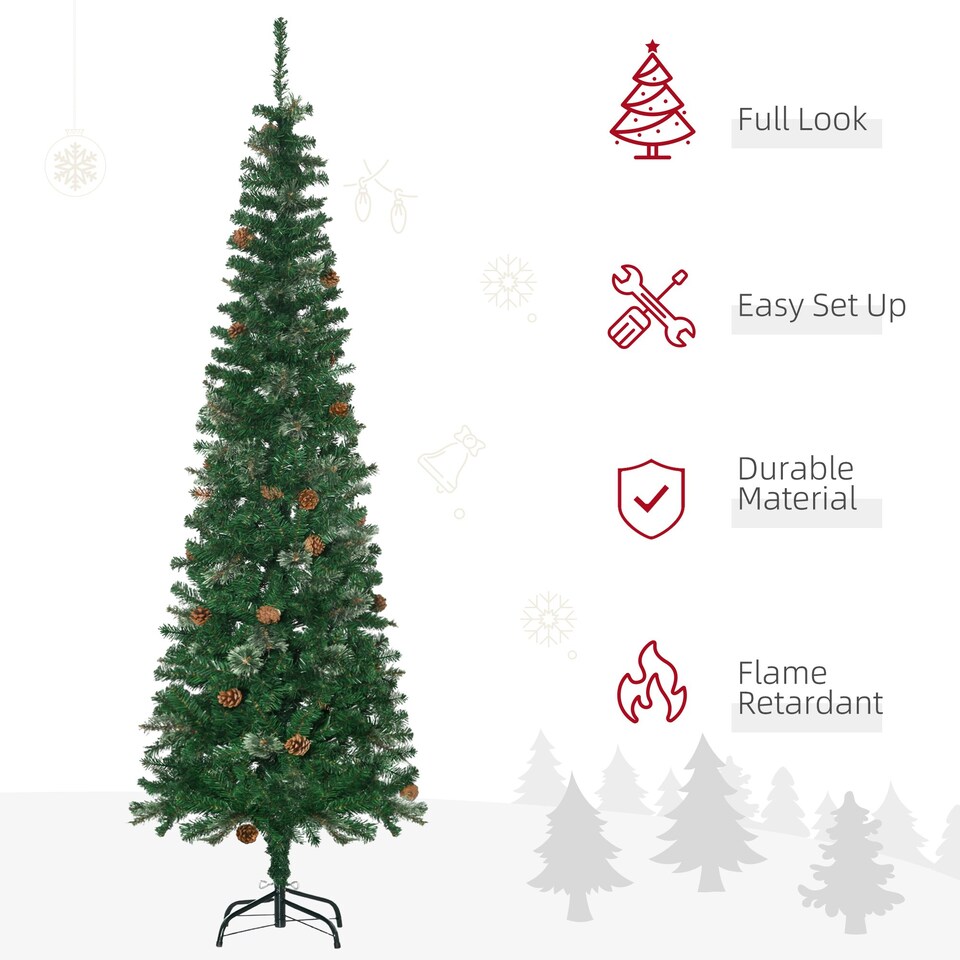image 1 of HOMCOM 6.5FT Artificial Slim Christmas Tree with Pine Cones