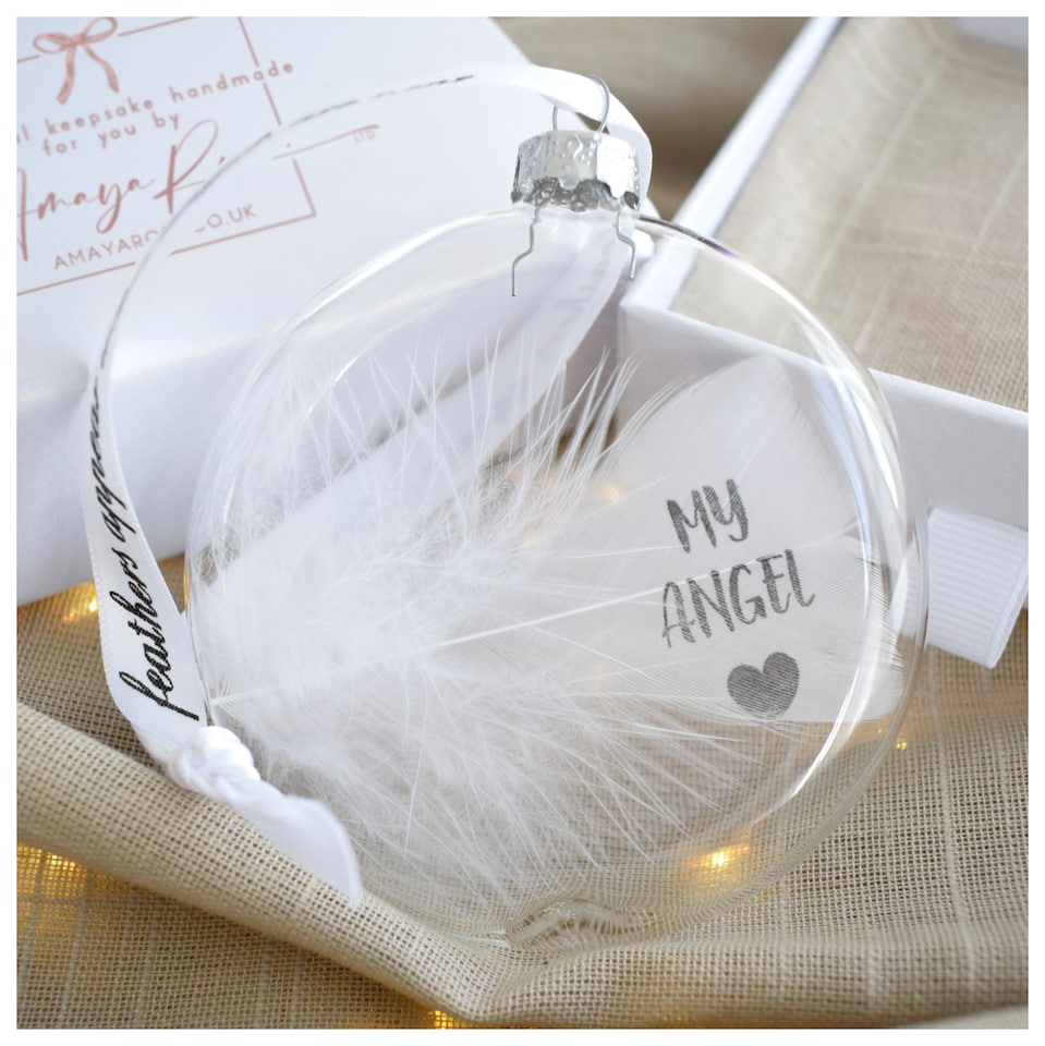 image 1 of In Memory of My Angel Feather Round Bauble Gift Boxed. Memorial Decor