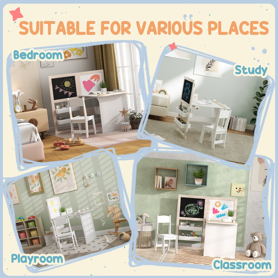 image 1 of AIYAPLAY 3 in 1 Kids Art Table and Chair Set with Storage Shelves, Foldable Blackboard, Whiteboard & Roll Paper, Toddler Table and Chair Set for 3-8 Years, White