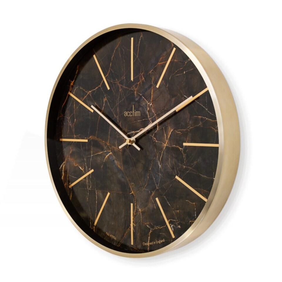 image 1 of Acctim Luxe Wall Clock Quartz Brushed Metal Embossed Golden Batons Brass Hands Dark Marble 40cm Gold