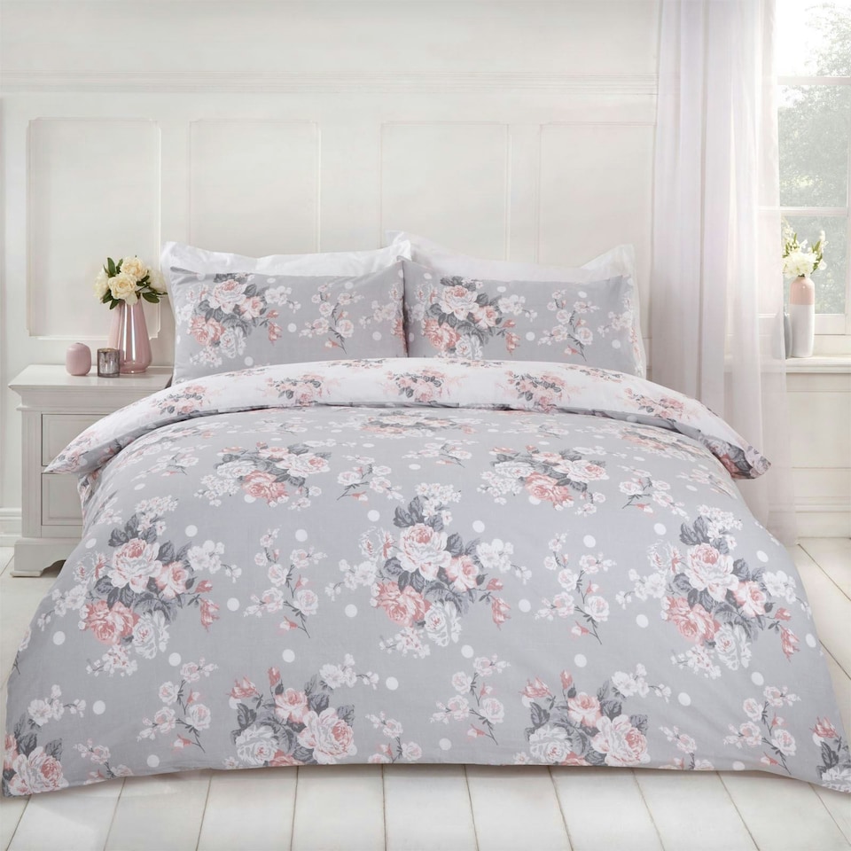 image 1 of OHS English Rose Duvet Cover and Pillowcase Set, Double - Grey
