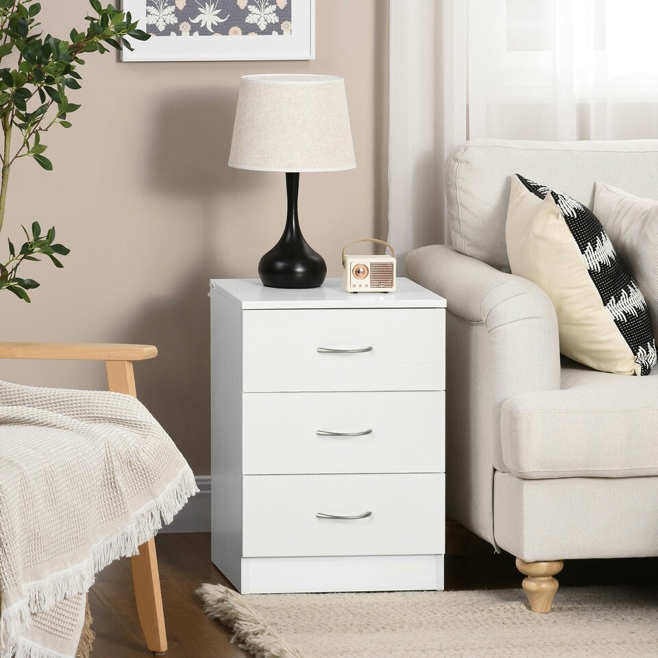 image 1 of HOMCOM Modern 3 Drawers Side Table, Bedside Table with Wood Effect, White