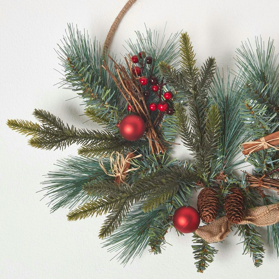 image 1 of Homescapes Round Metal Hoop Traditional Christmas Wreath