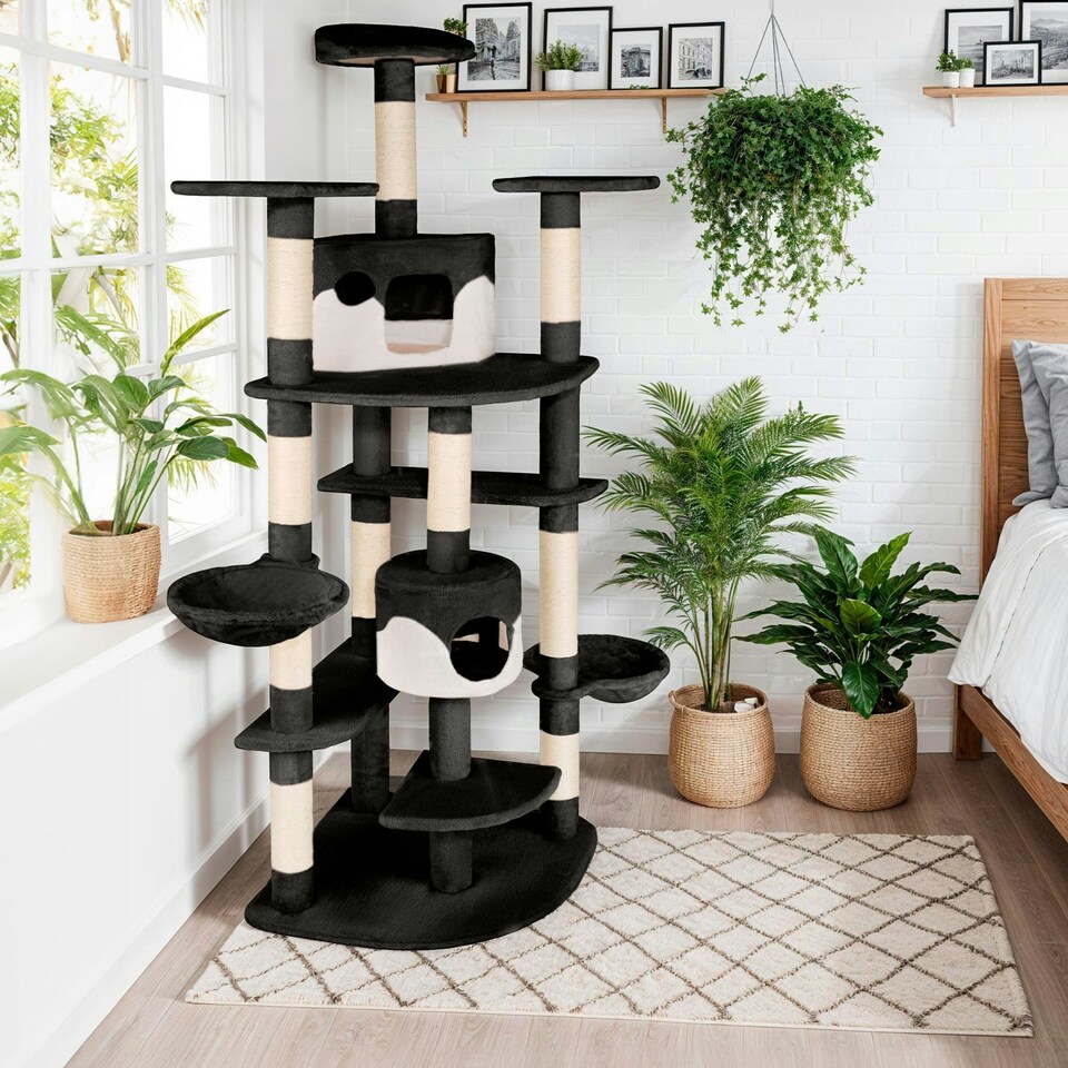 image 1 of Cat Tree Nelly - 204 cm tall, sisal scratching posts, toy & anti-tip protection - Black/White