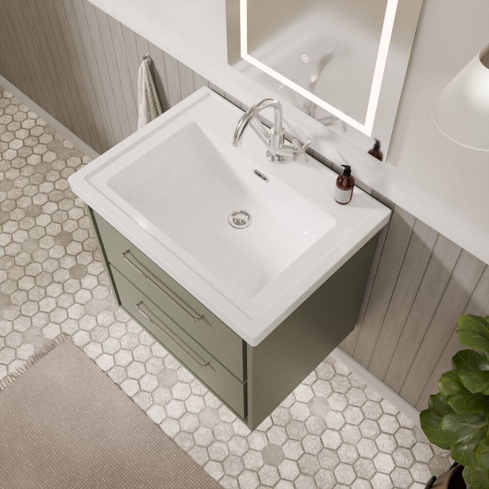 image 1 of Balterley Modern Bathroom Wall Hung 2-Drawer Vanity Unit with Fireclay Basin - "Vanity Basin Units", 1 Tap Hole | Green | Reed Green