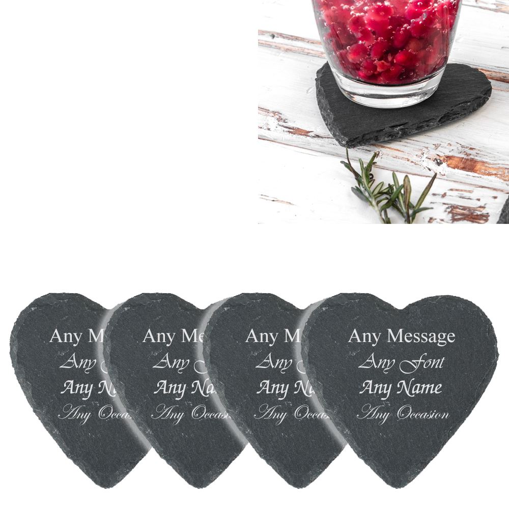 Uniqueful Personalised Engraved Set of 4 Heart Shape Slate Coasters Friend Gift in Black