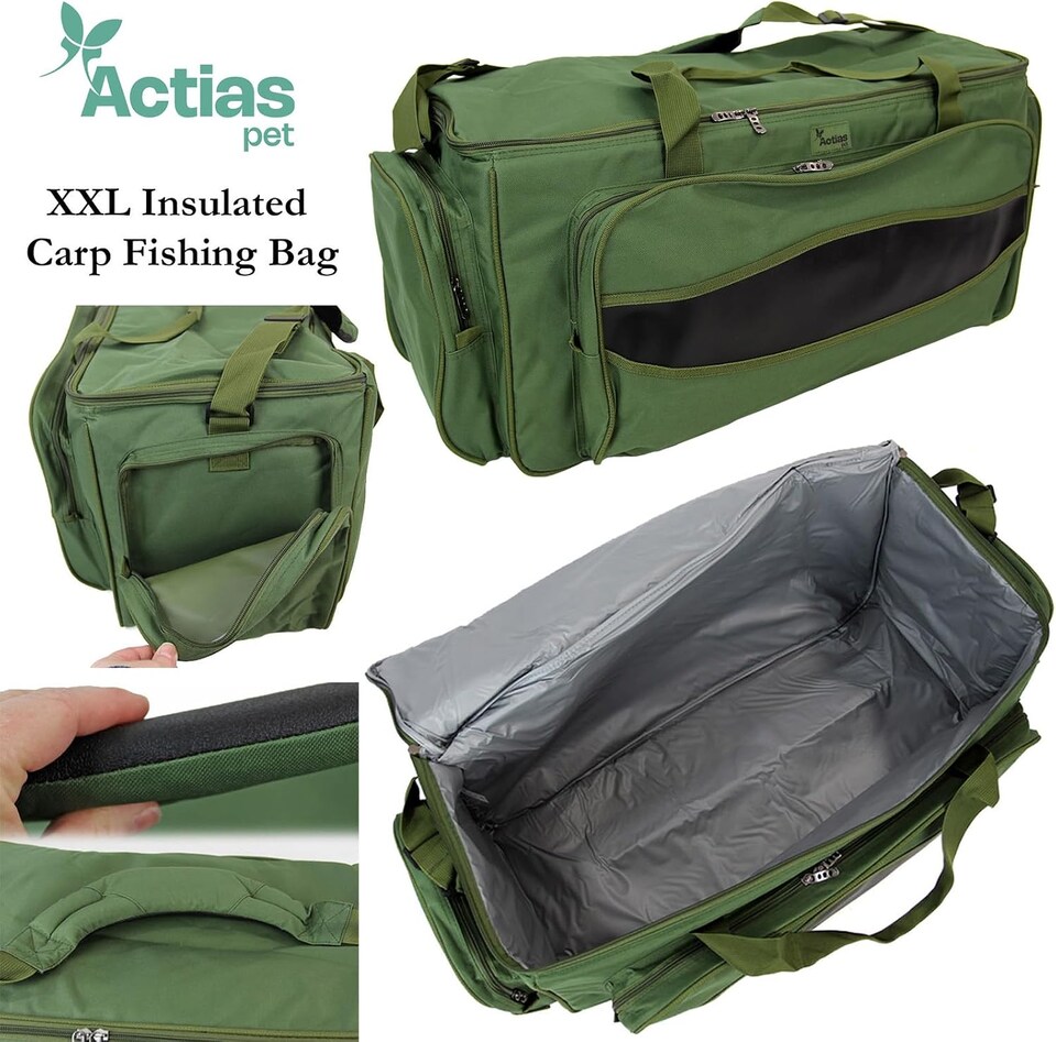 image 1 of Actiaspet XXL Insulated Carp Fishing Tackle Bag Large Green Padded Carryall with Shoulder Strap & Pockets, 83cm x 35cm x 35cm