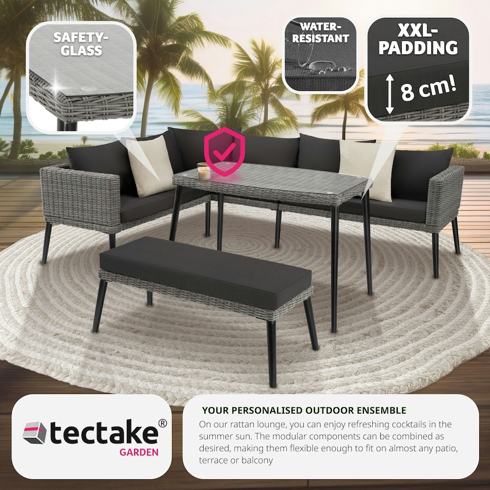 image 1 of Garden Furniture Set Pula - outdoor sofa set with table, seating bench, thick seat cushions - Grey