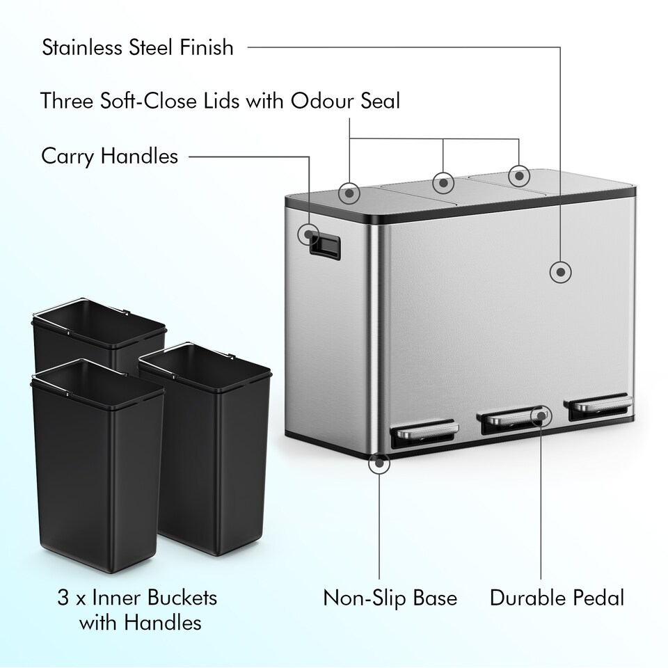 image 1 of 3 Compartment 45L Waste & Recycling Kitchen Bin (3 x 15L) | Silver | Stainless Steel | 45L