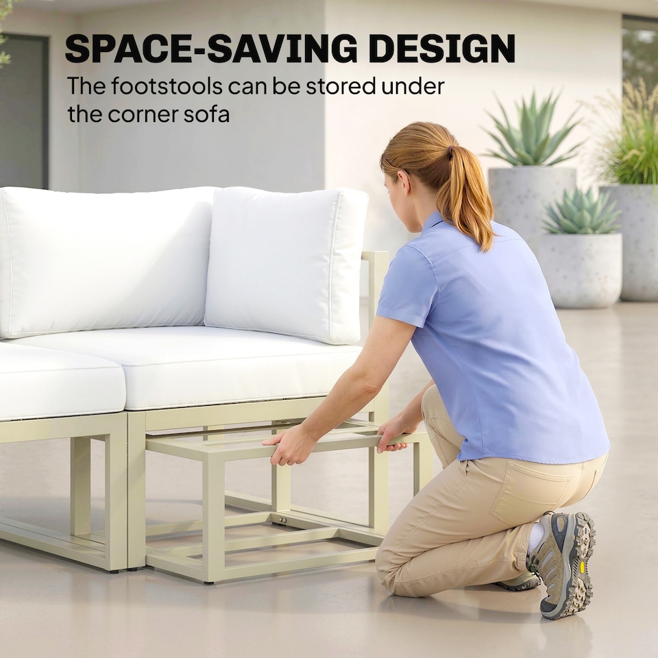 image 1 of Outsunny 6 PC Garden Daybed, Sectional Sofa Set with Coffee Table, Footstool | Cream | Cream White | Five Plus Seater