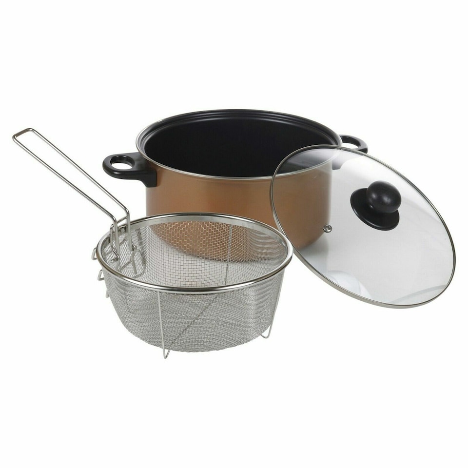 image 1 of 24cm 9 Non-Stick Chip Pan Deep Fat Fryer Cooking Pot with Frying Basket and Lid Set | Brown | 1