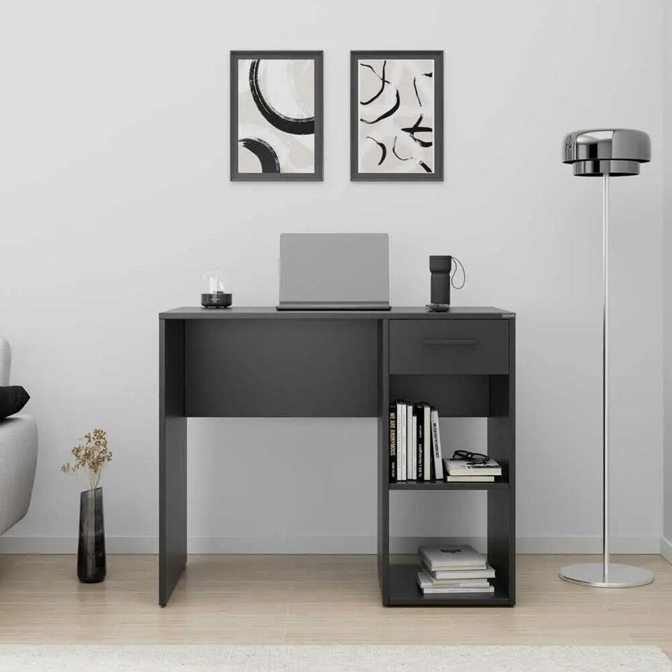 image 1 of Adore Anthracite Grey Study Desk with Drawer & Shelves Grey