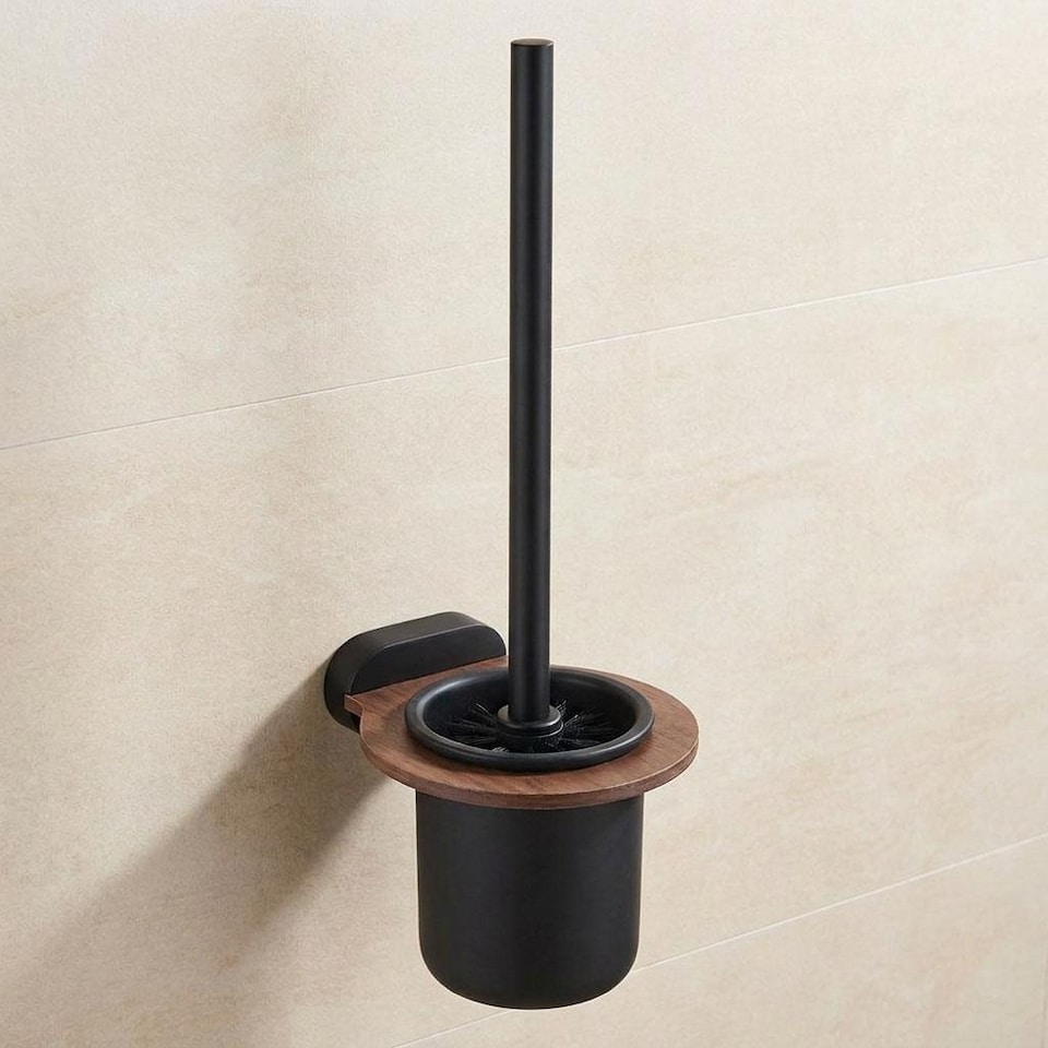 image 1 of Matte Black/Brown Toilet Brush Ceramics Cup Wall Mounted WC Bathroom Accessories