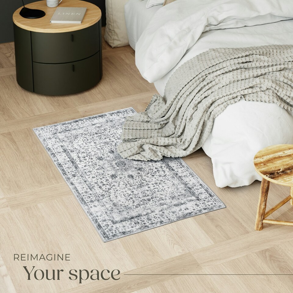 image 1 of Washable Rug Aliya - different sizes, oriental pattern, non-slip underside, non-allergenic short pile Grey | 110 x 60 cm