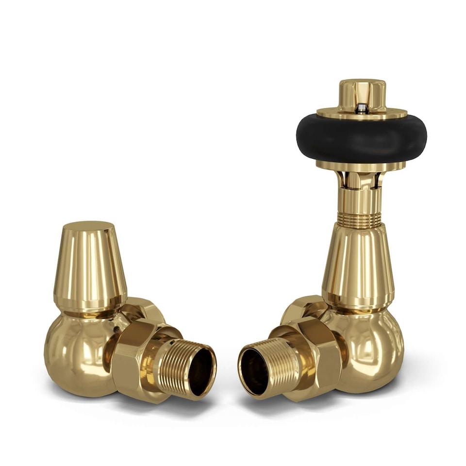 image 1 of Signature Wooden Head - Polished Brass Thermostatic Radiator Valve & Lockshield Corner 15mm