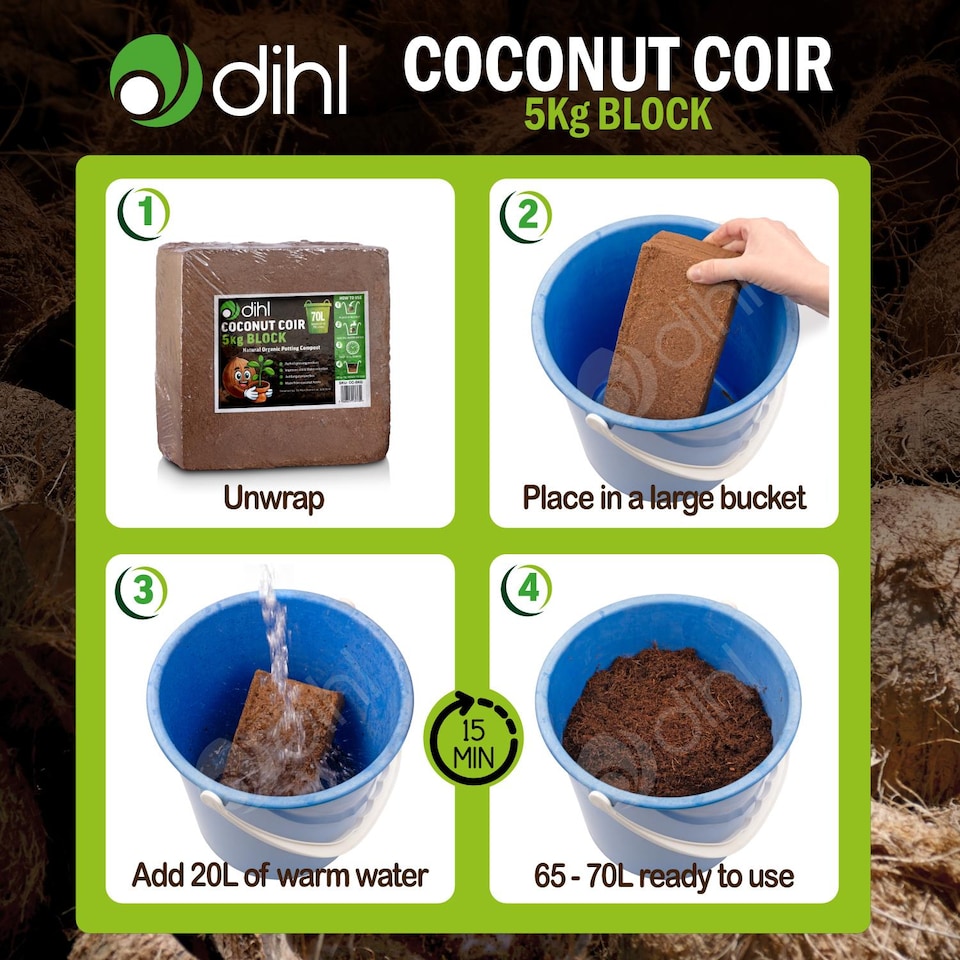 image 1 of Dihl 5KG Organic Coconut Coco Coir Fibre Compost Block Bricks, Expands to 70 Litres, 100% Natural Compressed Peat-Free Garden Growing Medium, Seedling Potting Bedding Soil, pH Balanced