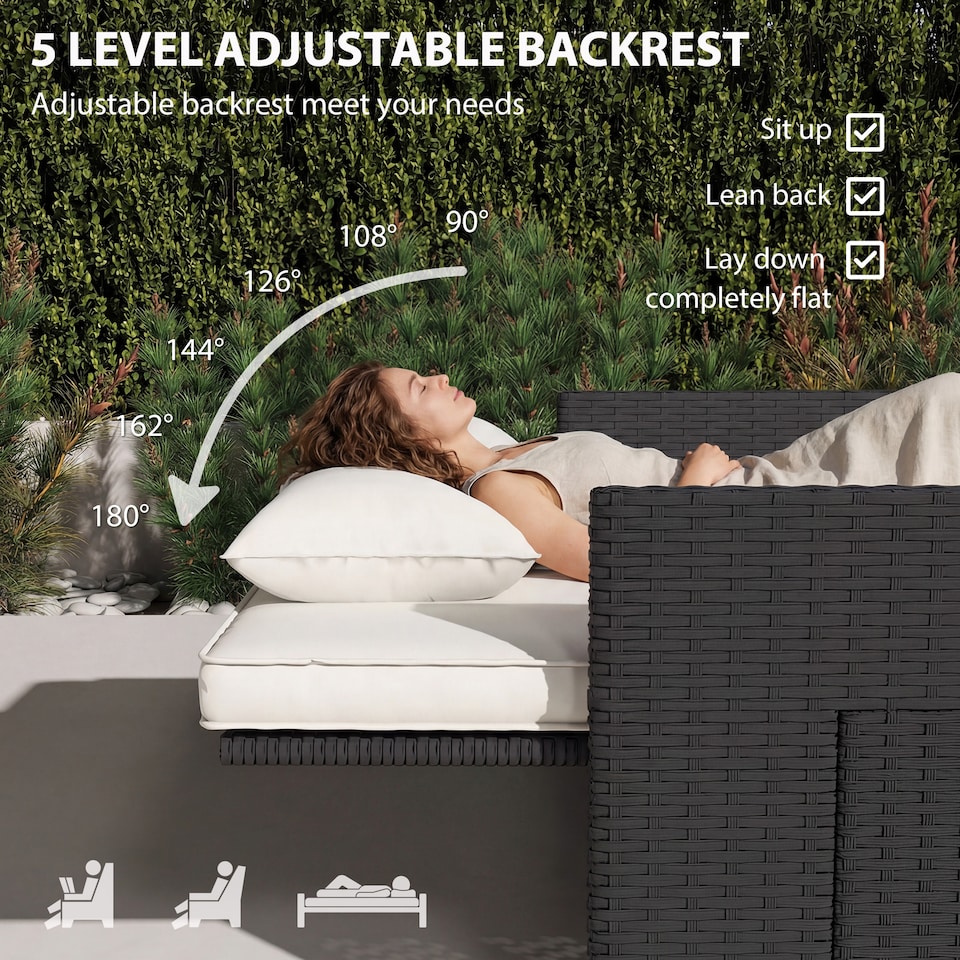 image 1 of Outsunny Garden Rattan Furniture Set 2 Seater Patio Sun Lounger Daybed Cream | Black | Cream White | 168.5 x 122 x 90 cm