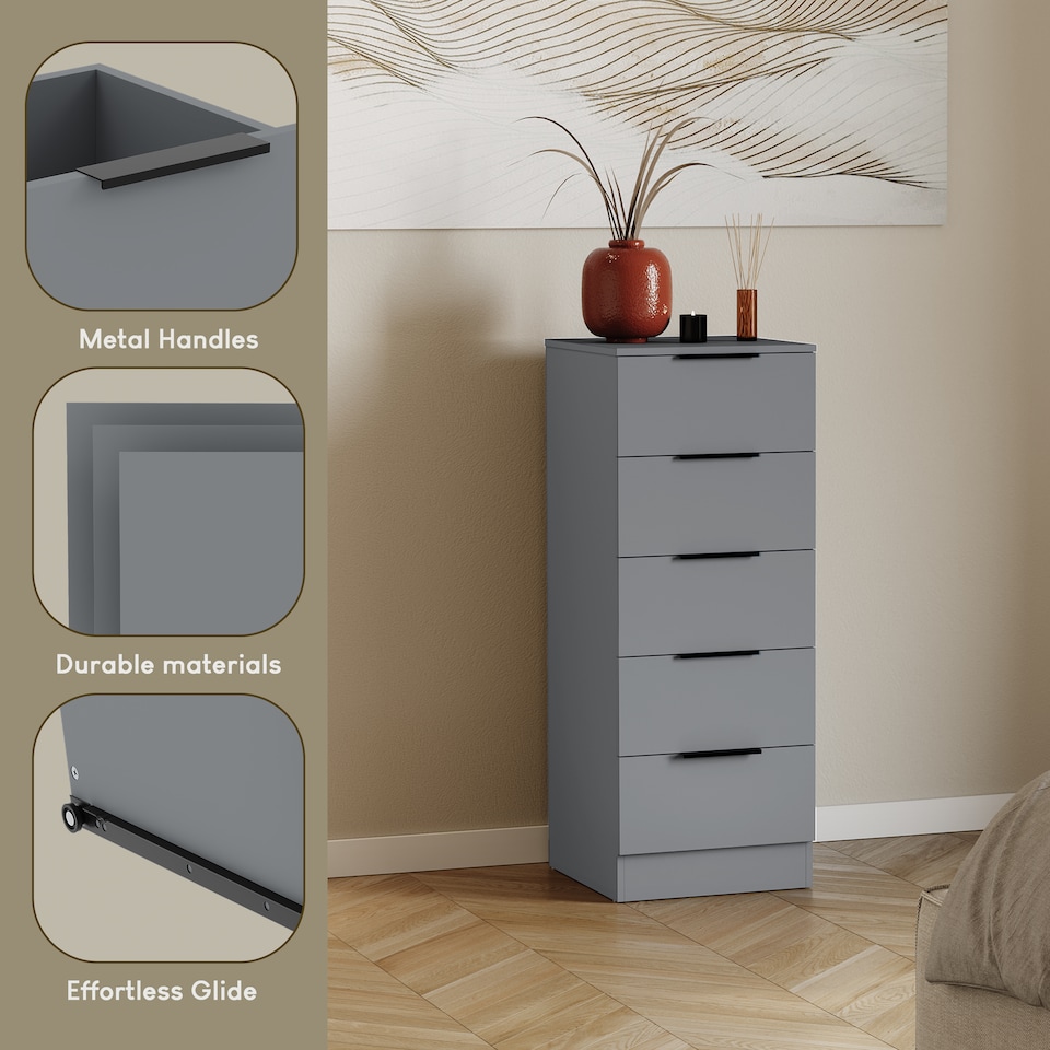 image 1 of Vida Designs Trega 5 Drawer Tall Narrow Chest of Drawers Bedroom Storage Unit - Grey