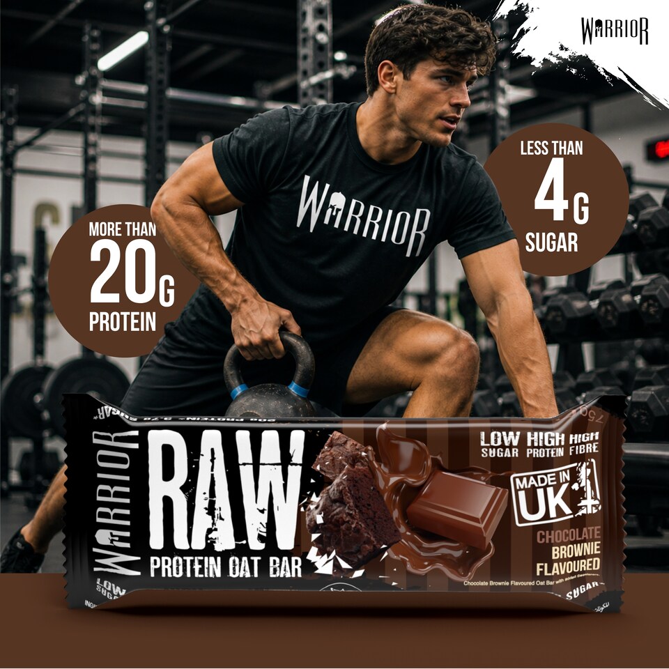 image 1 of Warrior RAW Protein Bars 12 x 75g – 20g High Protein Bar, Low Sugar High Fibre Oat Protein Flapjack – Protein Snacks, Meal Replacement Bars (Chocolate Brownie)
