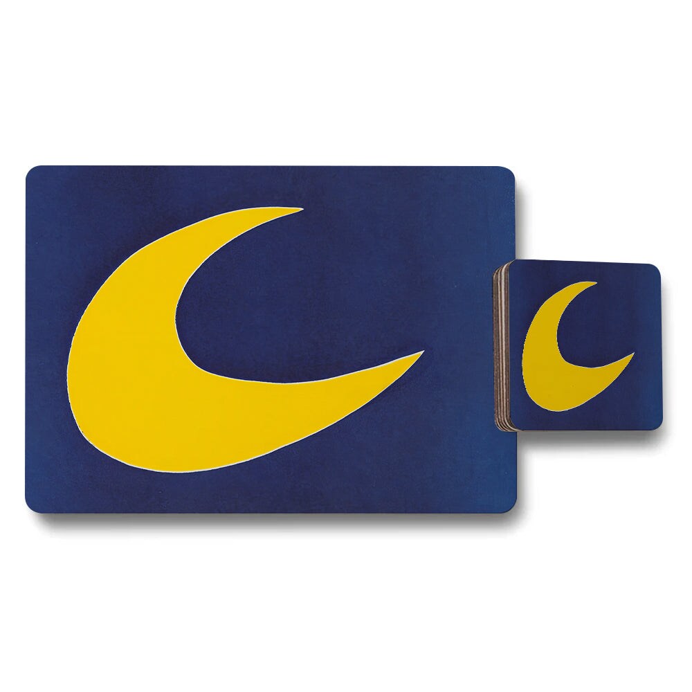 Blue Moon Themed Placemat And Coaster Set With Yellow Crescent