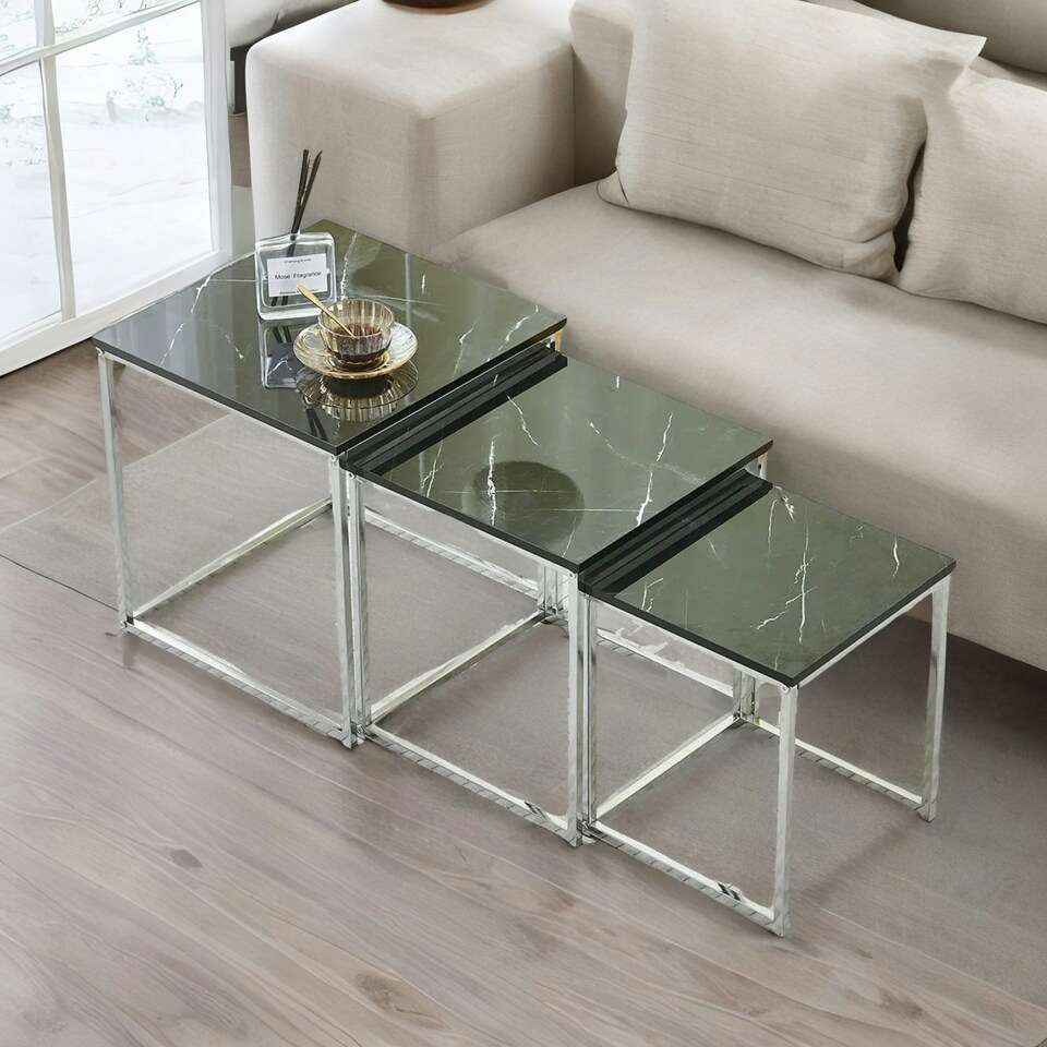 image 1 of Set Of 3 Faux Marble Nesting Tables Black Grey