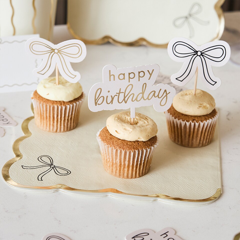 image 1 of Gold & Black Happy Birthday Bow Food Cake Picks - Pack of 12