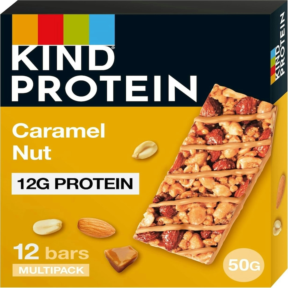 image 1 of KIND Protein Bars, Gluten Free Snack Bars, Caramel Nut, High Fibre, Source of Protein, No Artificial Colours, Flavours or Preservatives, Multipack 12 x 50g
