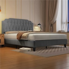 Yaheetech 5ft King Upholstered Bed Frame with Button-Tufted Headboard Light Grey