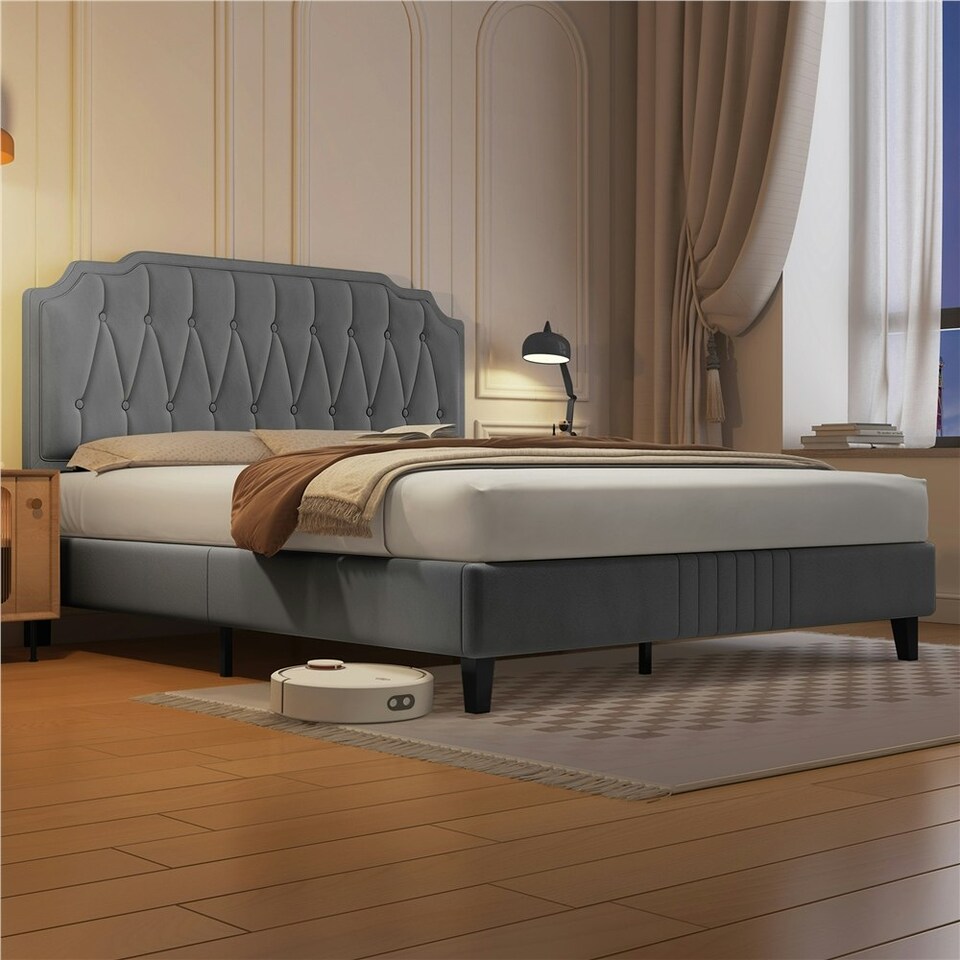 image 1 of Yaheetech 5ft King Upholstered Bed Frame with Button-Tufted Headboard Light Grey