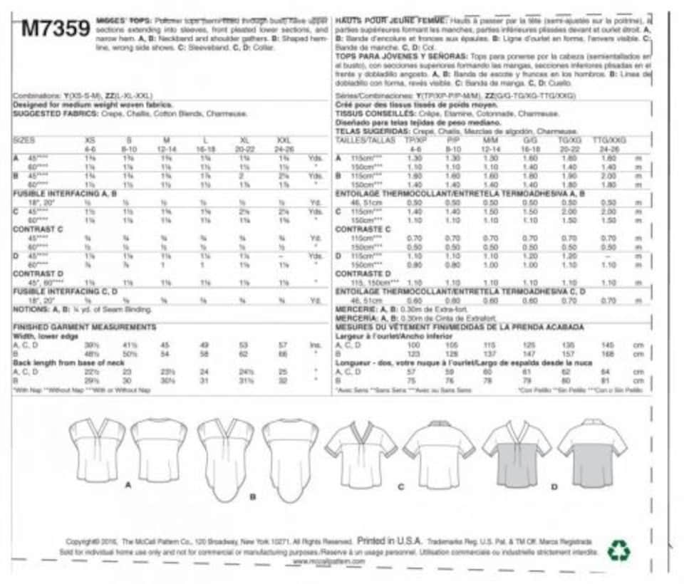 image 1 of McCall's 7359 Paper Sewing Pattern – Women’s Top, Sizes Zz (L–XL–XXL), Easy