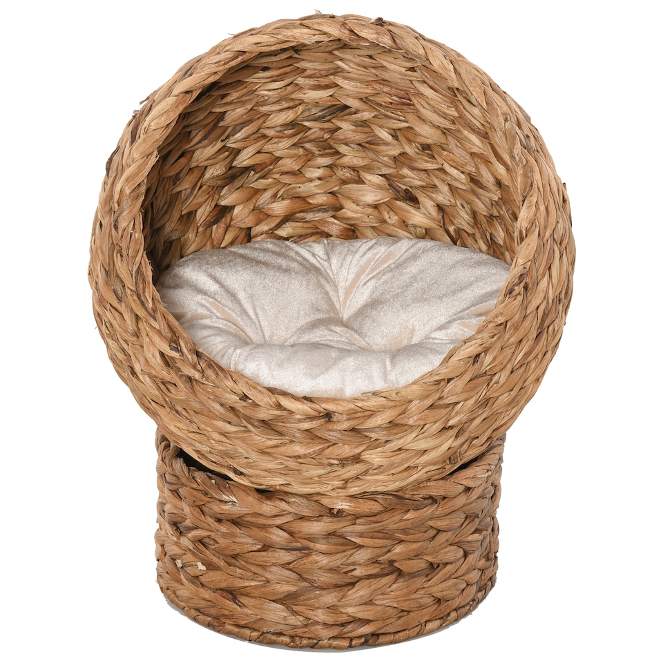 image 1 of PawHut Elevated Kitten Hooded Rattan Cat House Basket Cushion, 52x42x60cm Brown