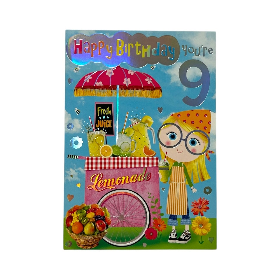 image 1 of Age 09 Female Juvenile Trendy Pops Girl with Lemonade Design Birthday Card