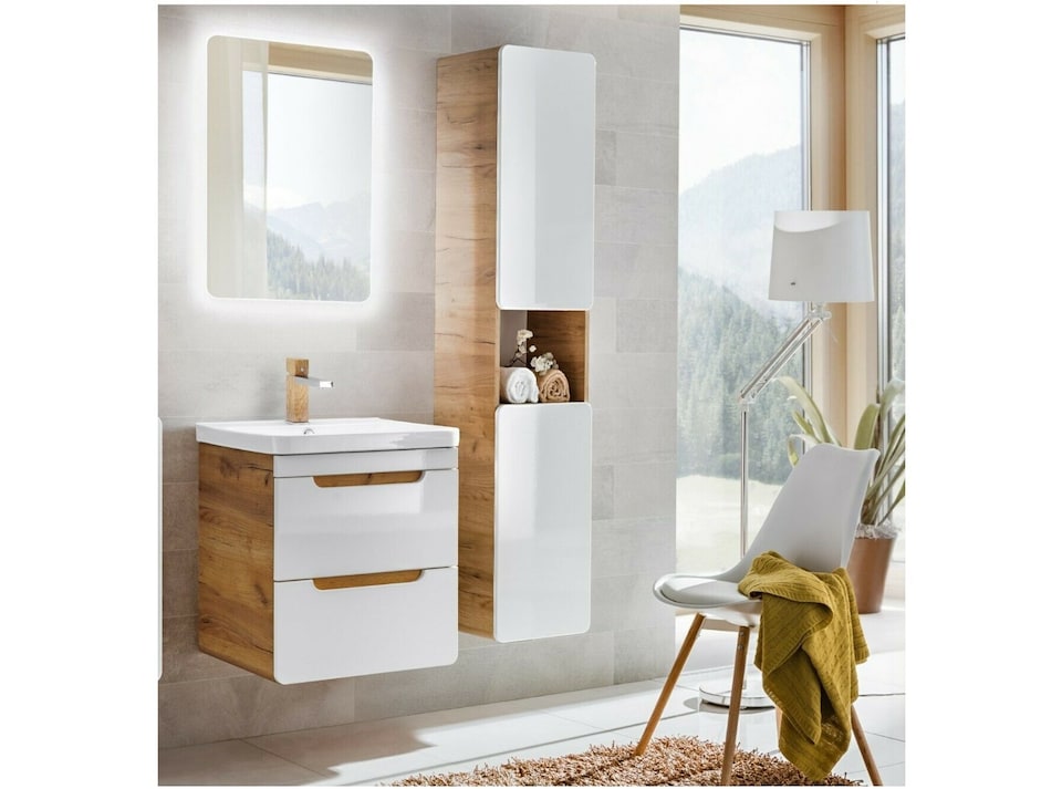 image 1 of Small Bathroom Vanity with Sink Wall Hung Unit 400mm Cloakroom Cabinet with Drawers White Gloss Oak Aruba