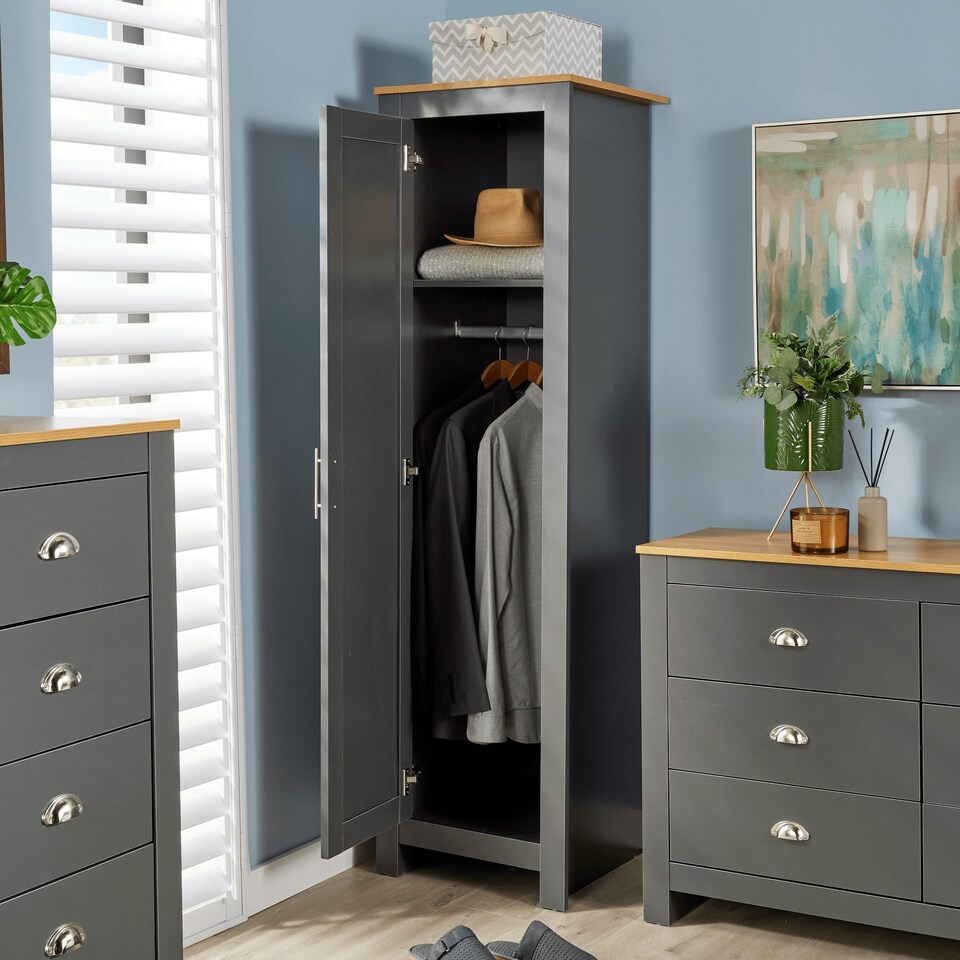 image 1 of Wardrobe 1 Door Hanging Rail Wood Bedroom Furniture Storage Unit Grey