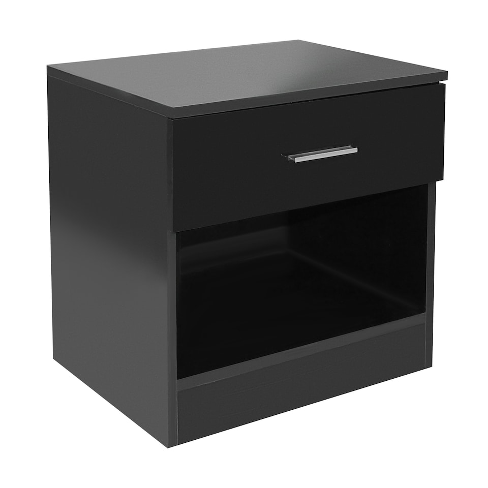 image 1 of Modern Bedside Table with Drawer and Open Shelf High Gloss In Black Black