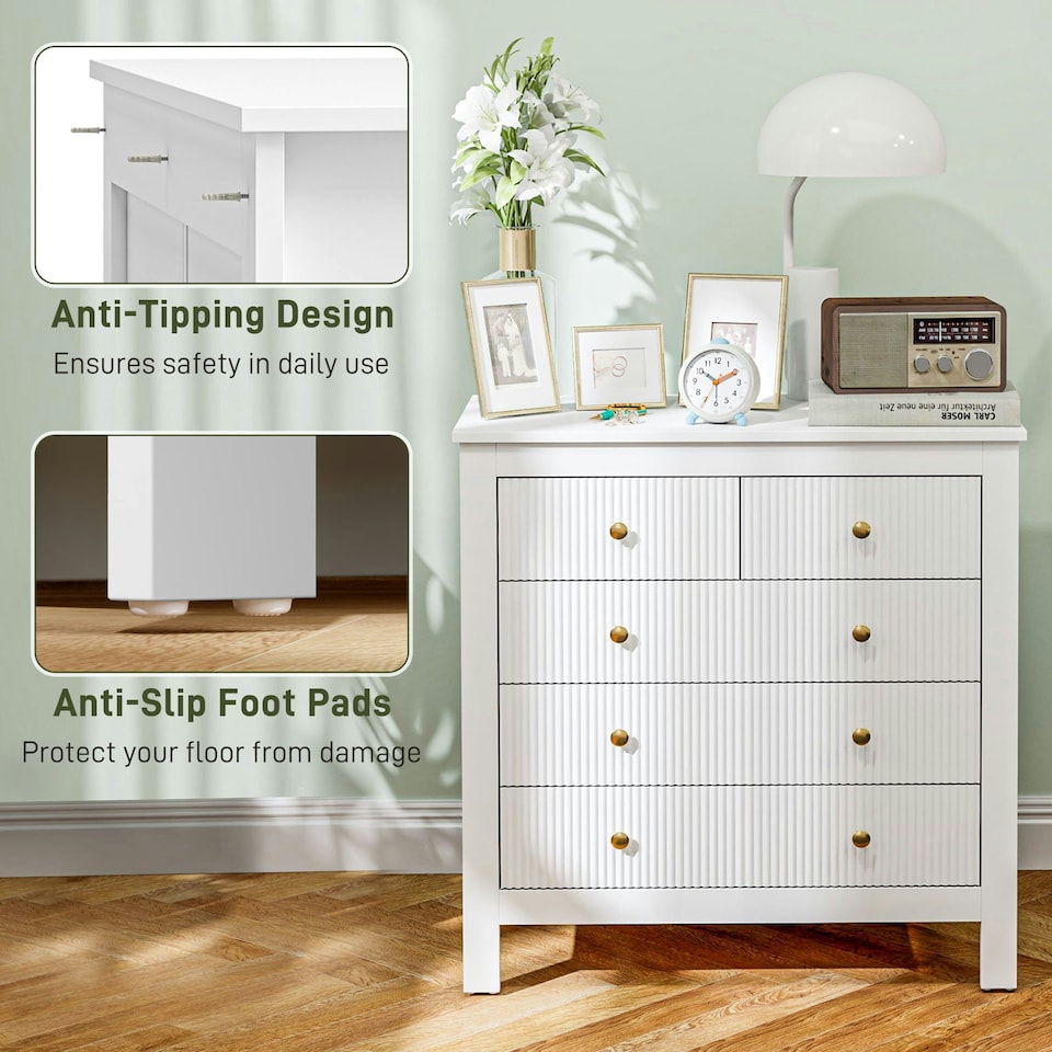 image 1 of HOMCOM Fluted Bedroom Chest of Drawers w/ 5 Drawers Gold Tone Handles White