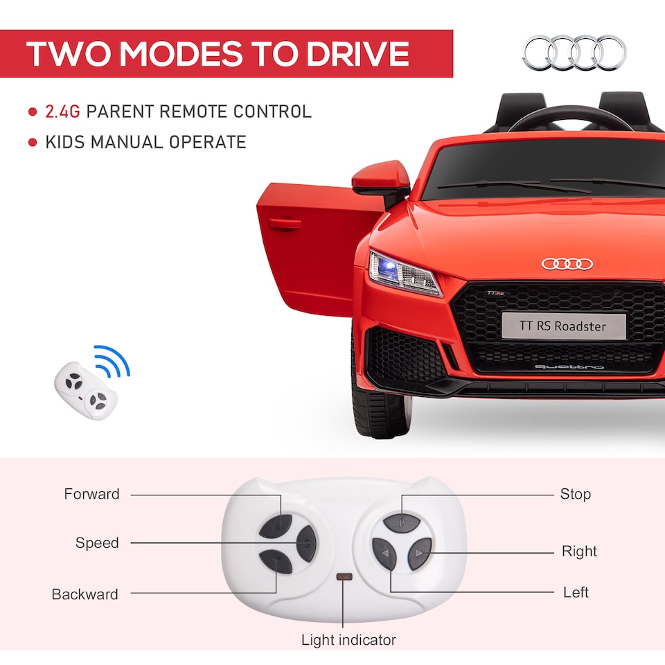 image 1 of HOMCOM 12V Battery Licensed Audi TT RS Ride-On Car w/ Headlight, Red | Red | Red