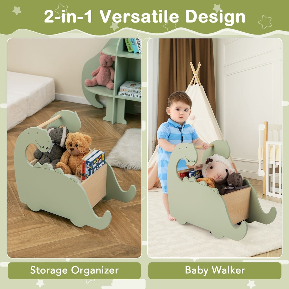 image 1 of COSTWAY 2 in 1 Wooden Baby Push Walker Shopping Cart Green