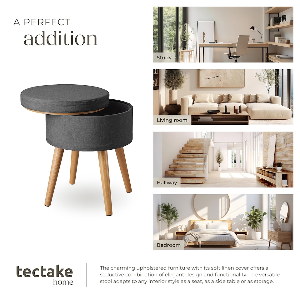image 1 of Stool Yara - round, padded, with storage space, linen look | Grey | dark grey | 42,50 x 42,50 x 45,50 cm | 1