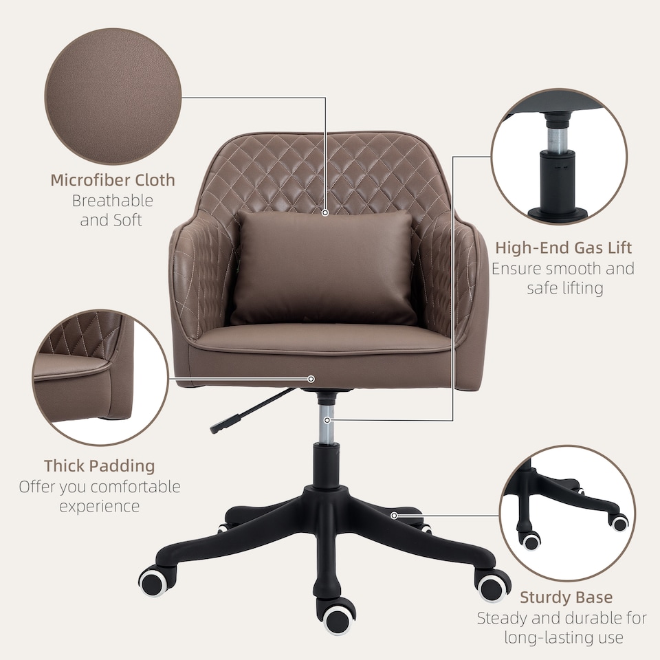 image 1 of Vinsetto Microfiber Office Chair, Desk Chair, Makeup Vanity Chair with Massage Lumbar Pillow and Rolling Wheels for Bedroom and Home, Brown