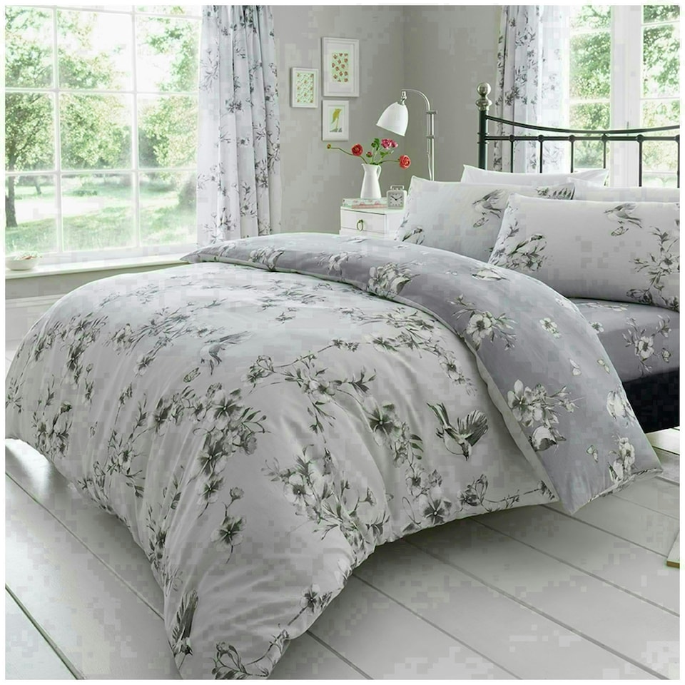 image 1 of VELVETIO Birdie Blossom Printed Duvet Cover Set Reversible Polycotton Beddings Grey | Single