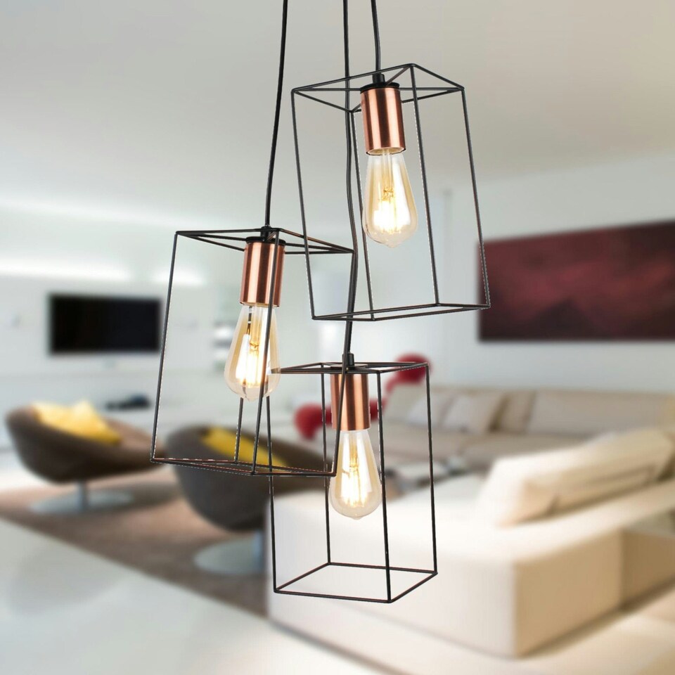 image 1 of First Choice Lighting Matt Black With Brushed Copper Detail 3 Light Pendant Black | Copper