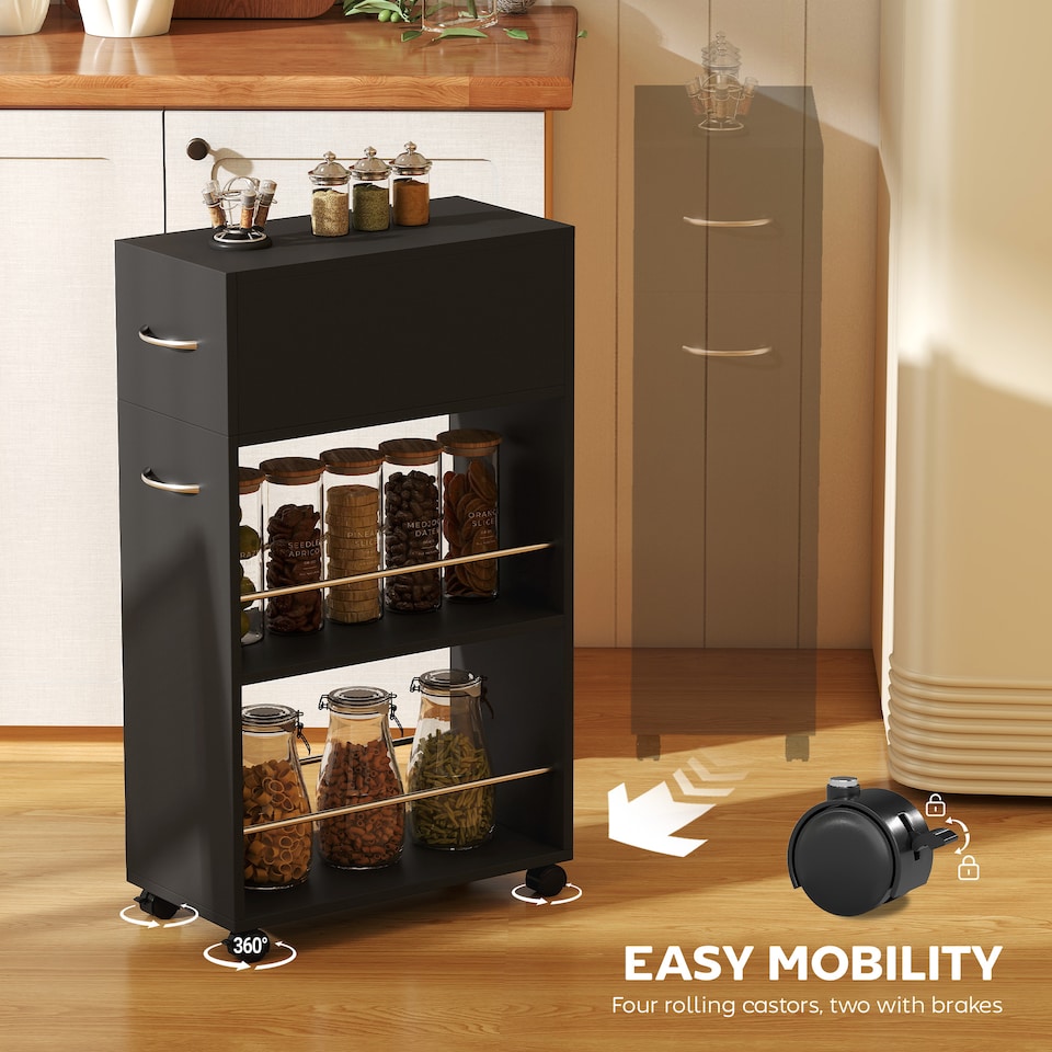 image 1 of HOMCOM Rolling Storage Unit with Drawer Surface Top and 4 Wheels, Black