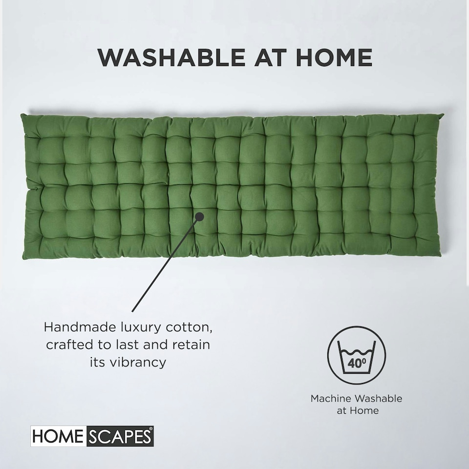 image 1 of Homescapes Garden Bench Cushion Luxury 3 Seater 100% Cotton Indoor Outdoor Seat Pad Green | 143 x 48 cm