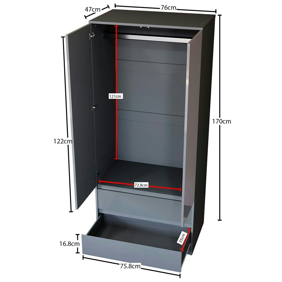 image 1 of Vida Designs Glinton 2 Door 2 Drawer Wardrobe High Gloss Doors With Shelf & Clothes Rail, 100% FSC, Grey