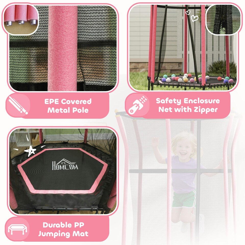 image 1 of HOMCOM 5.4FT Kids Trampoline With Enclosure Indoor Outdoor, Pink