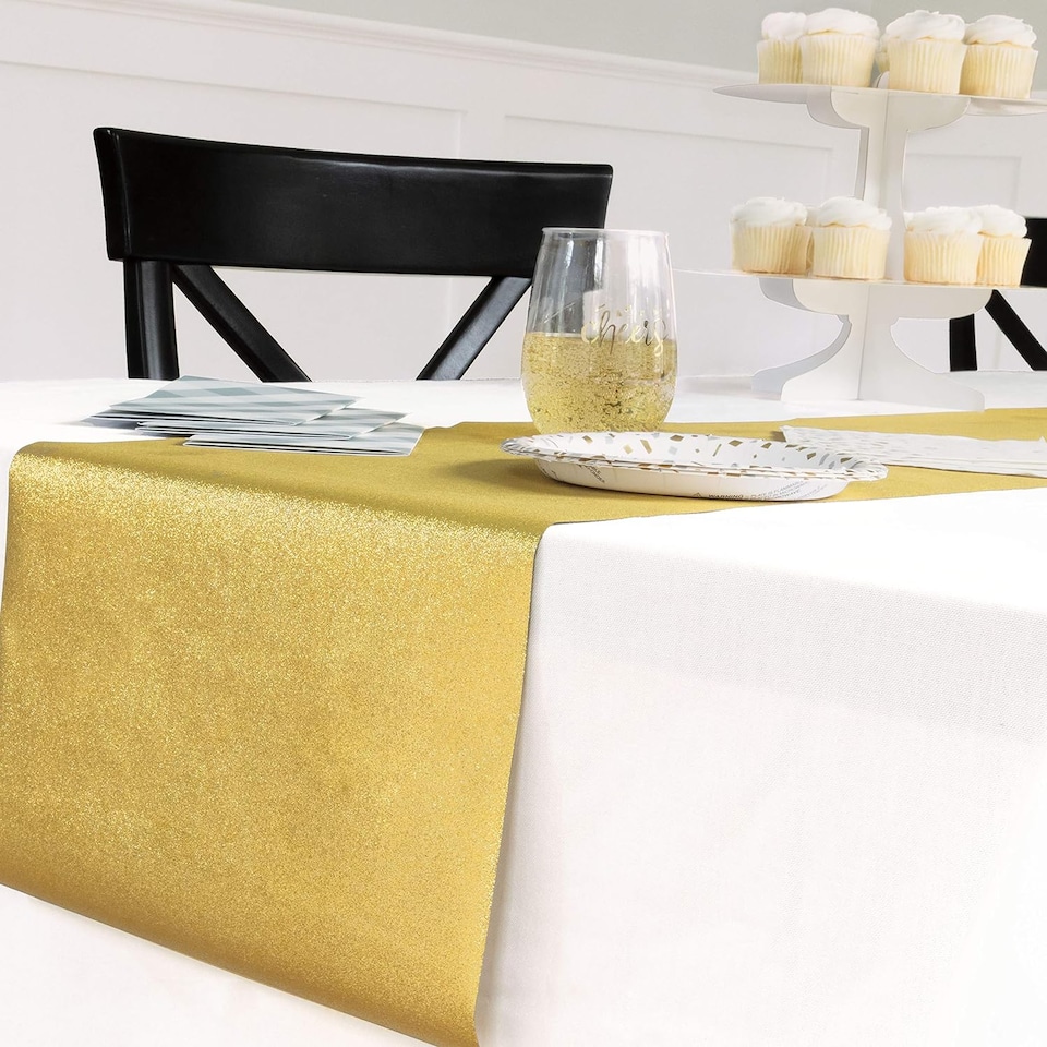 image 1 of Gold Glitter Plastic Table Runner - 33cm x 275cm