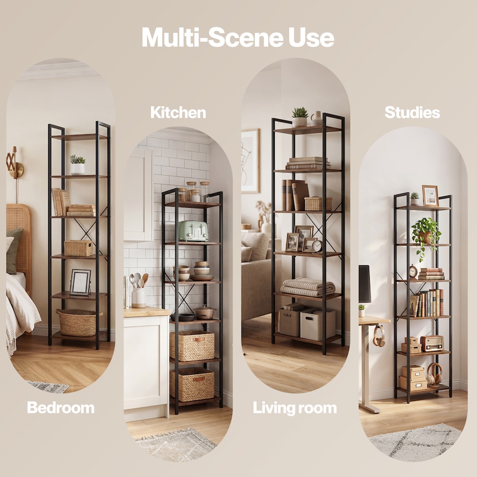 image 1 of Levede Book Shelf 6-Tier Narrow Shelves Space-Saving Steel Bedroom Walnut Brown