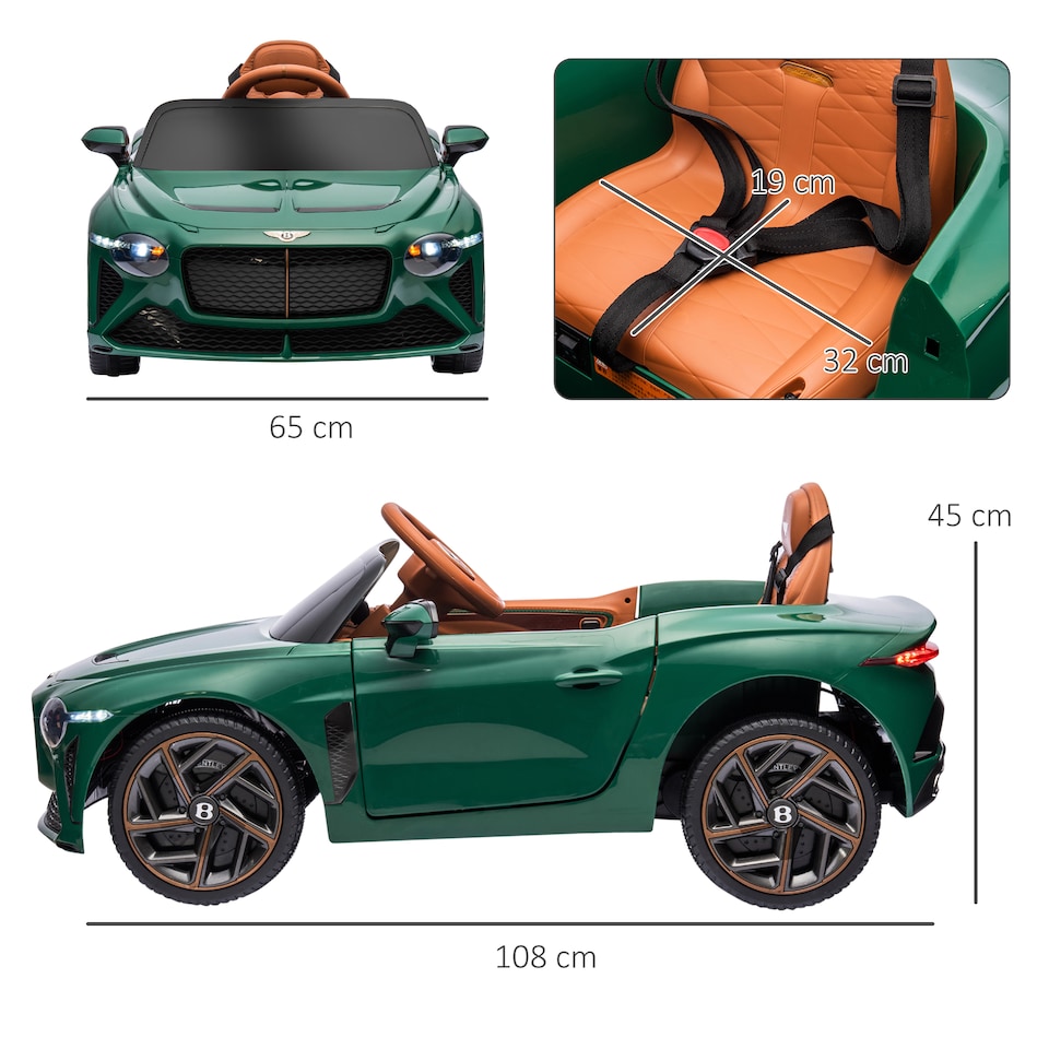image 1 of HOMCOM Bentley Bacalar Licensed, 12V Kids' Electric Ride-On with Remote Control, Battery Powered Electric Car for Kids with Suspension Wheels, Horn, Lights, for Ages 3-5 Years - Green